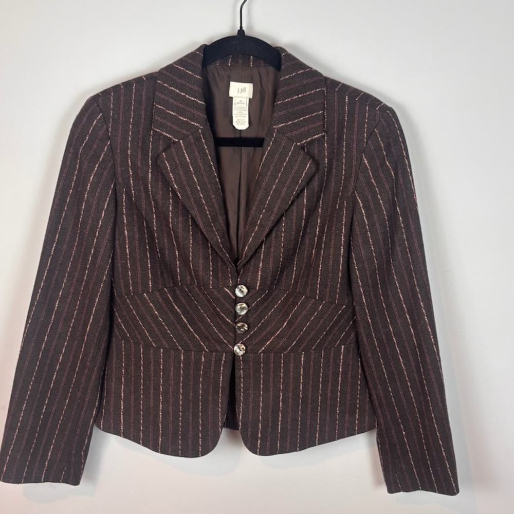 J. JILL Women's Y2K Blazer Jacket Brown Pink Striped Wool Lined Size Petite‎ 4